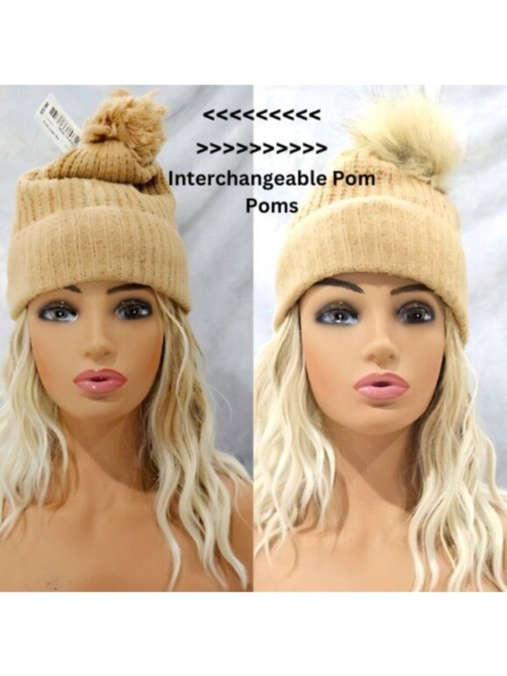 Detachable or Interchangeable Two Pom Beanie Cuffed Winter Knit Hat in Tan NWT